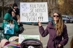 Na dvě stovky demonstrantů přijelo pět policejních aut. U brány radnice chtěli nechat lampiony